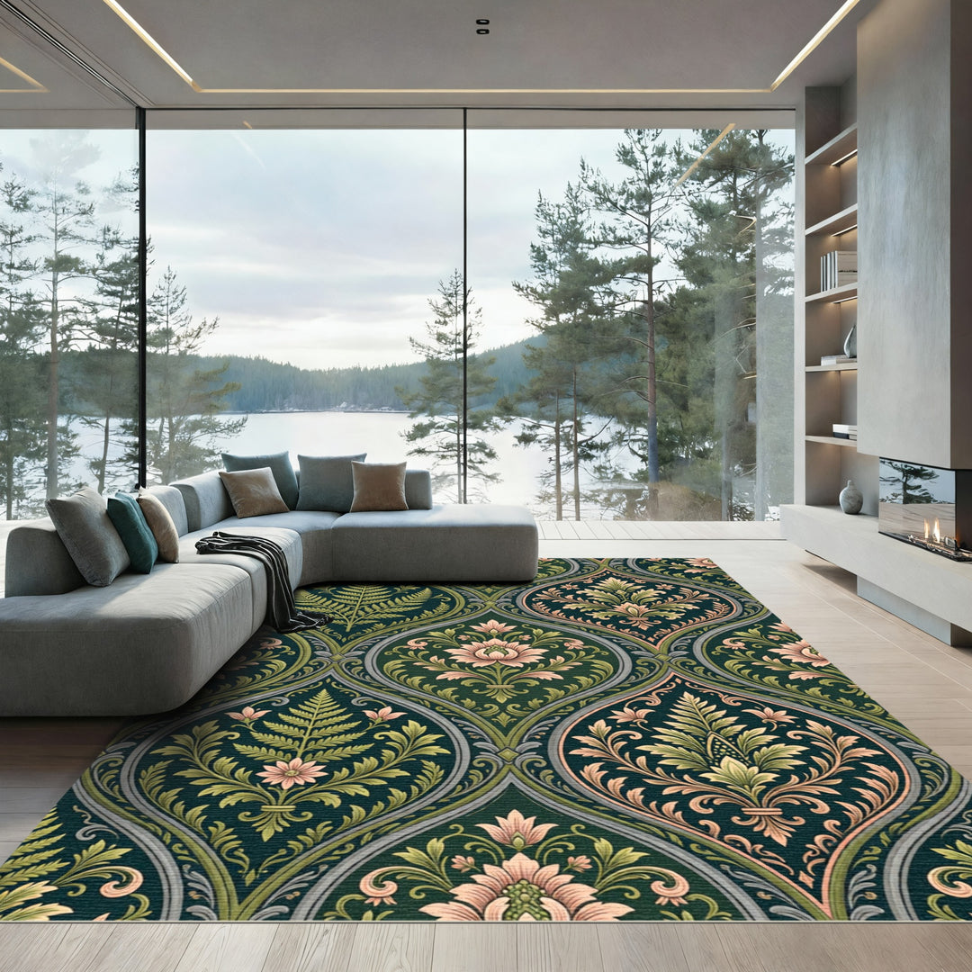 Emerald Damask Floral Botanical Rug