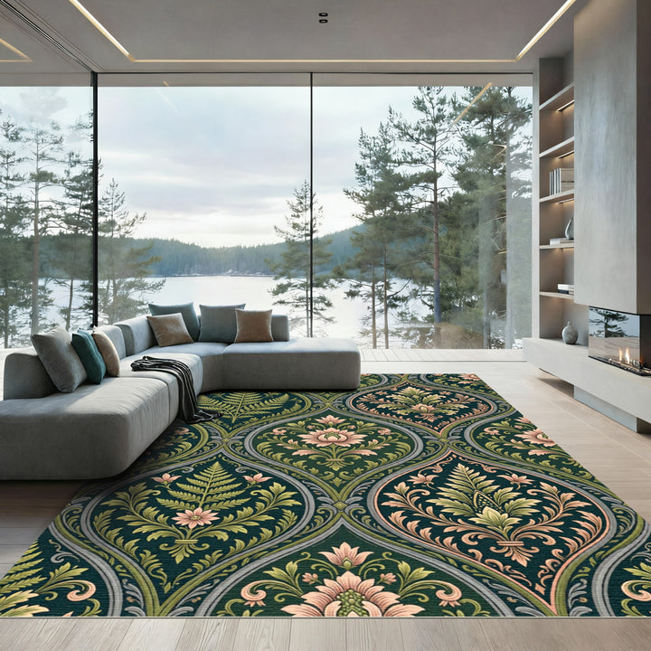 Emerald Damask Floral Botanical Rug