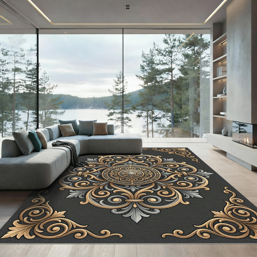 Ornate Gold Black Scroll Medallion Rug