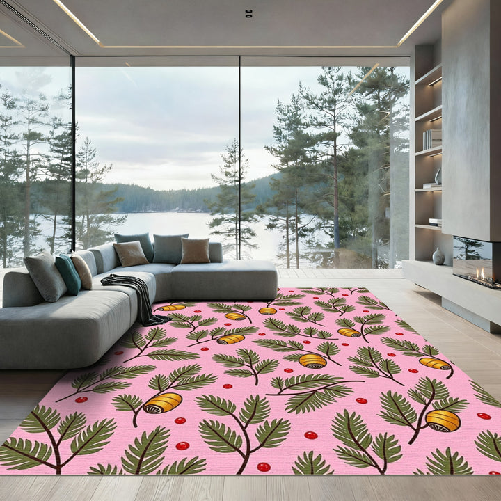 Pink Green Golden Berry Branch Repeat Rug