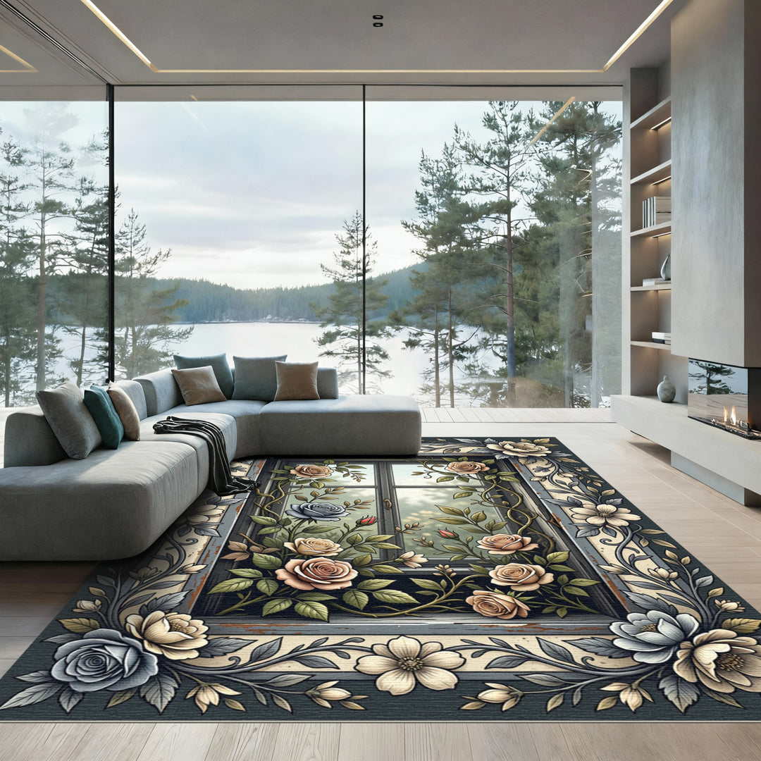 Vintage Rose Garden Window Scroll Rug