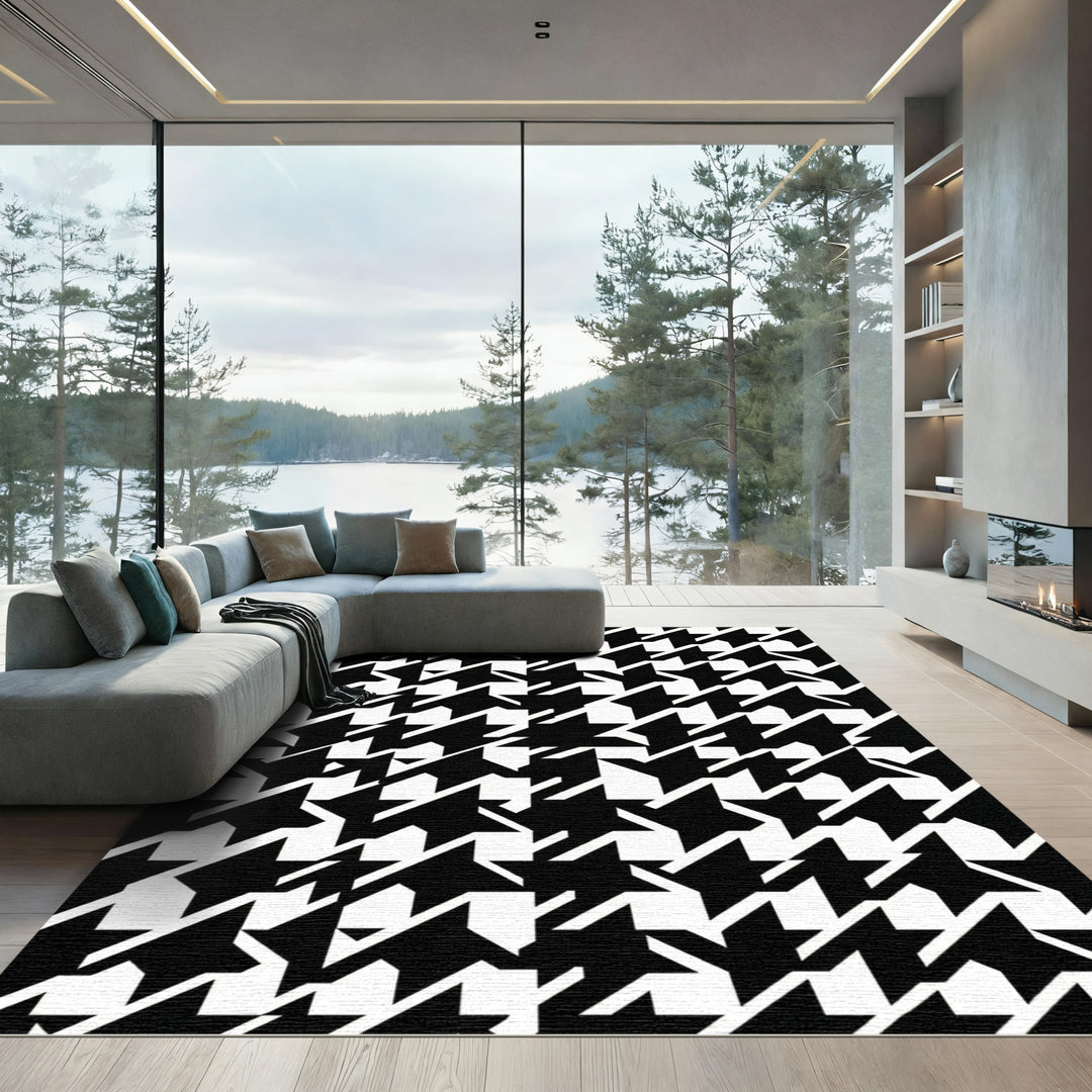 Black White Houndstooth Geometric Shapes Rug