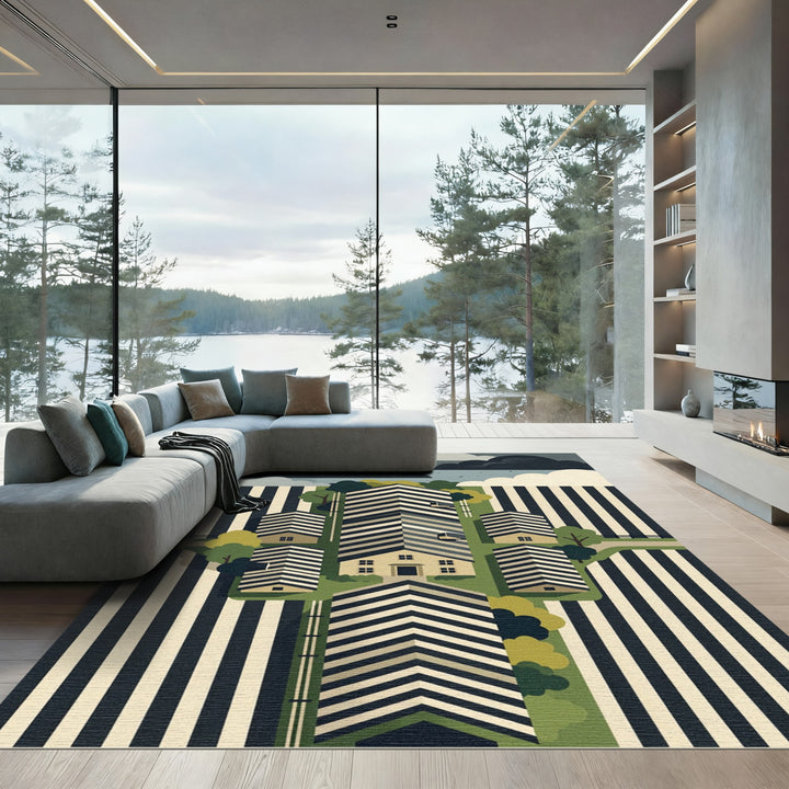 Black White Striped Geometric Houses Rug