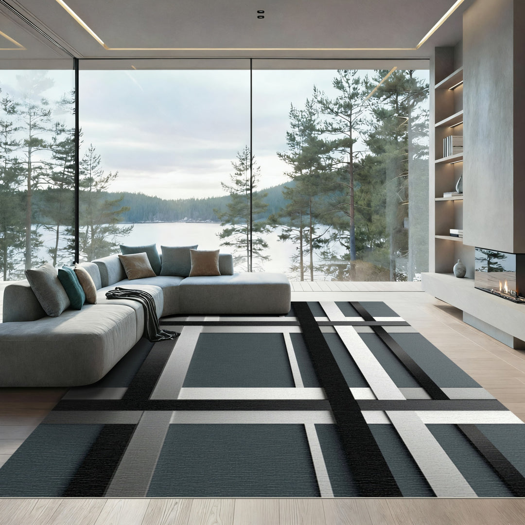 Black White Gray Intersecting Lines Rug
