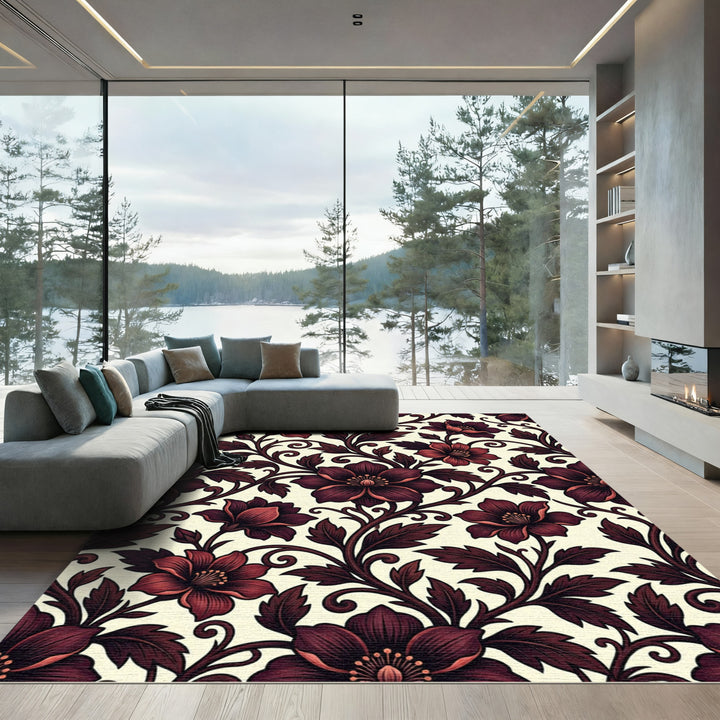 Deep Red Floral Vines Rug