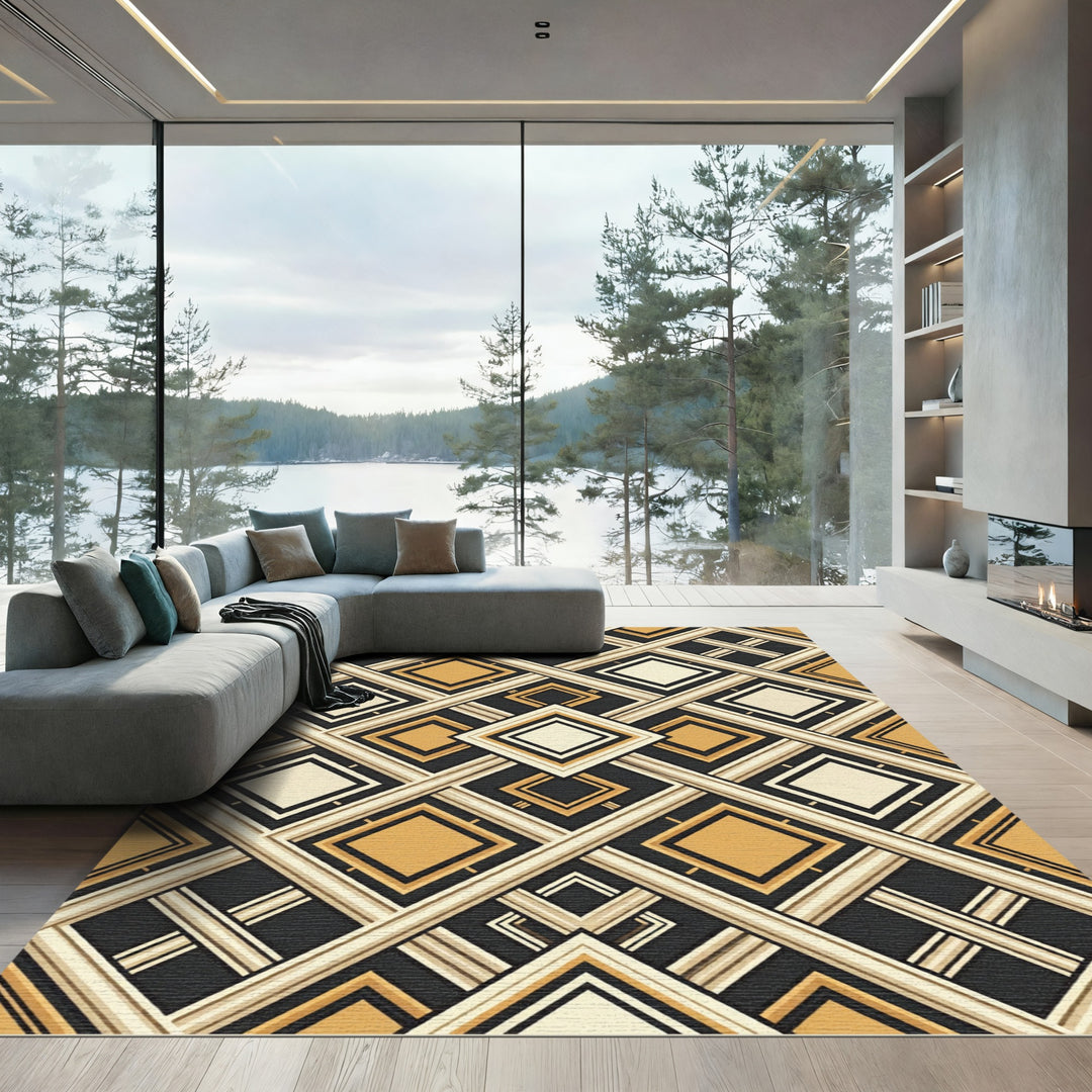 Art Deco Golden Cream Geometric Diamonds Rug