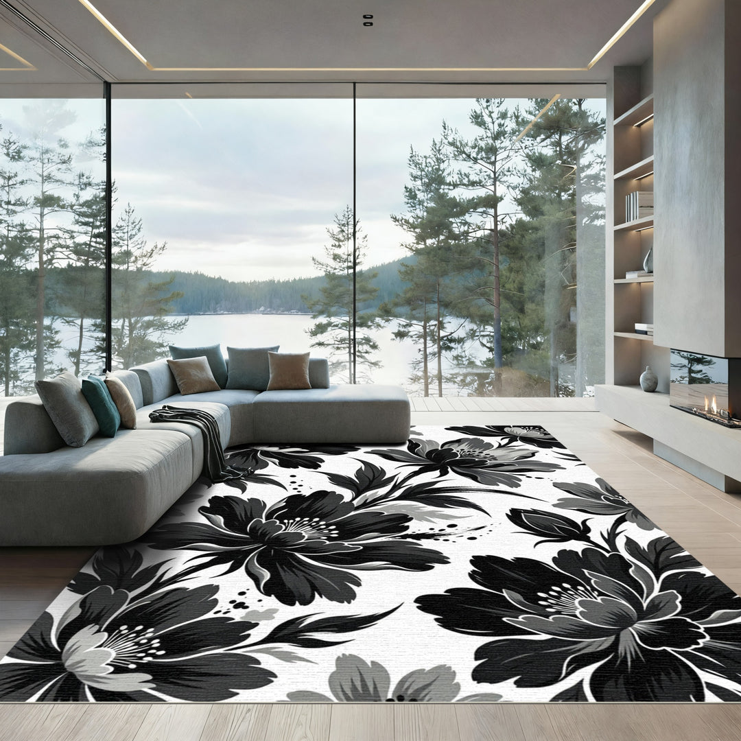 Bold Black Gray Floral Artistry Rug