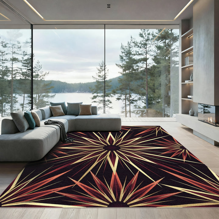 Art Deco Red Golden Starburst Rug