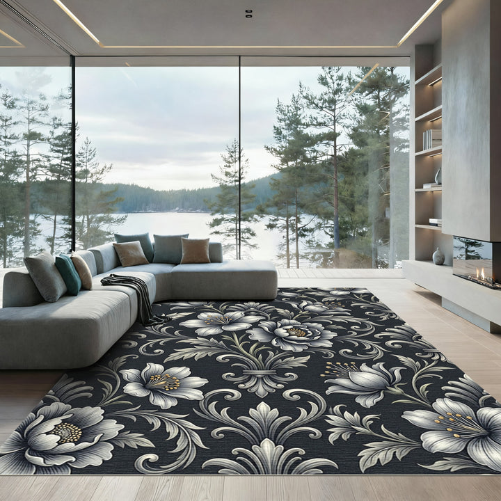 Ornate Elegant Black Floral Rug
