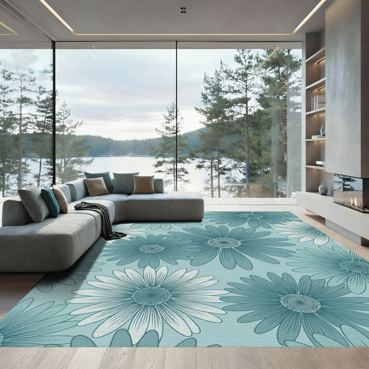 Teal Daisy Garden Arrangement Rug