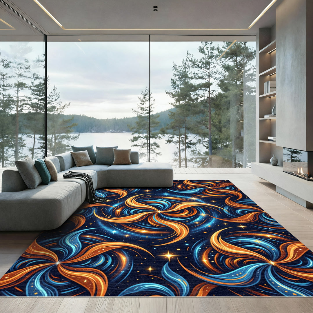 Cosmic Swirl Orange Blue Starburst Rug