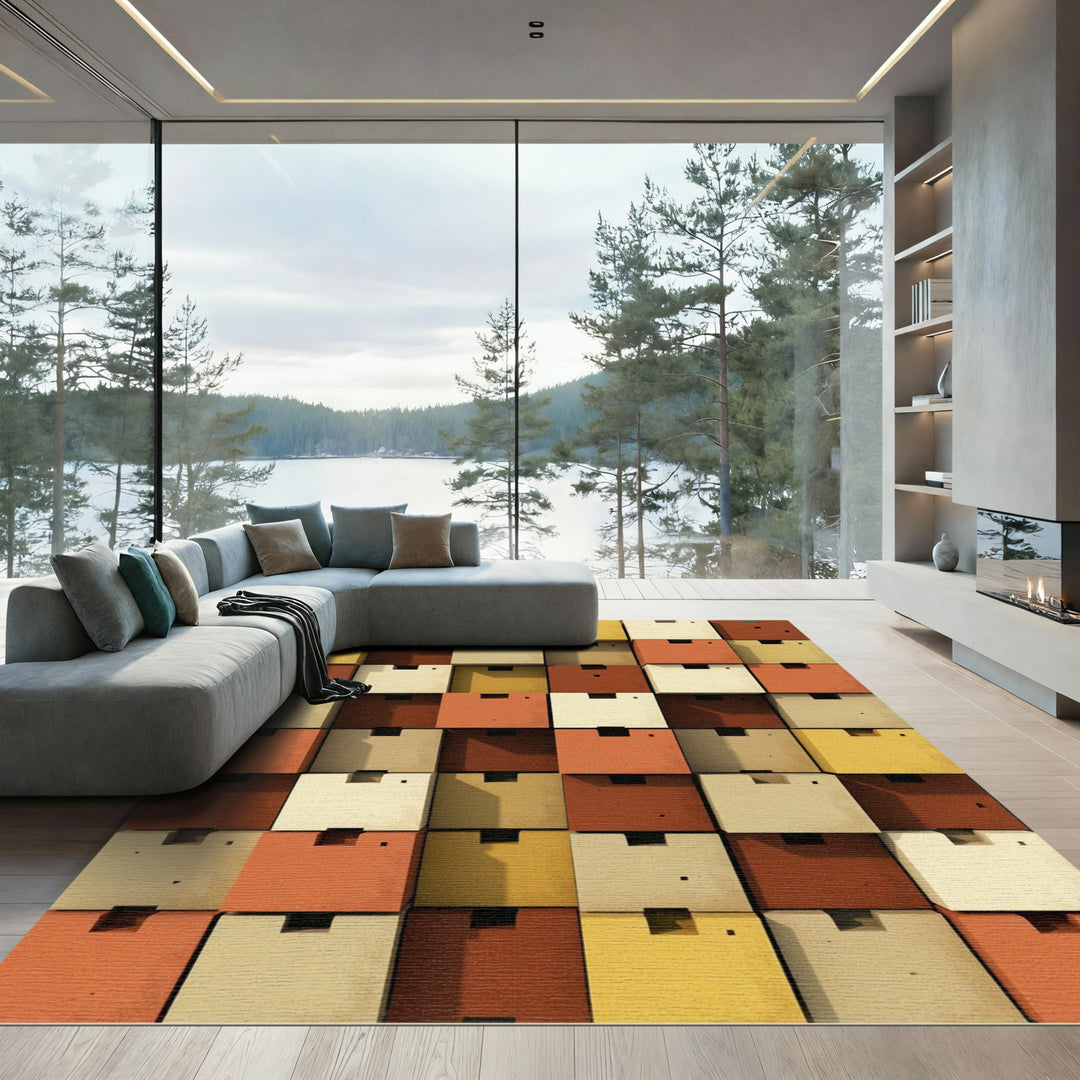 Retro Cubes Orange Yellow Cream Rug
