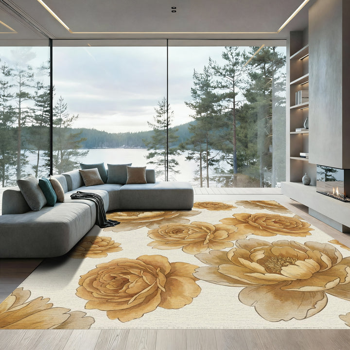 Golden Ochre Floral Garden Rug