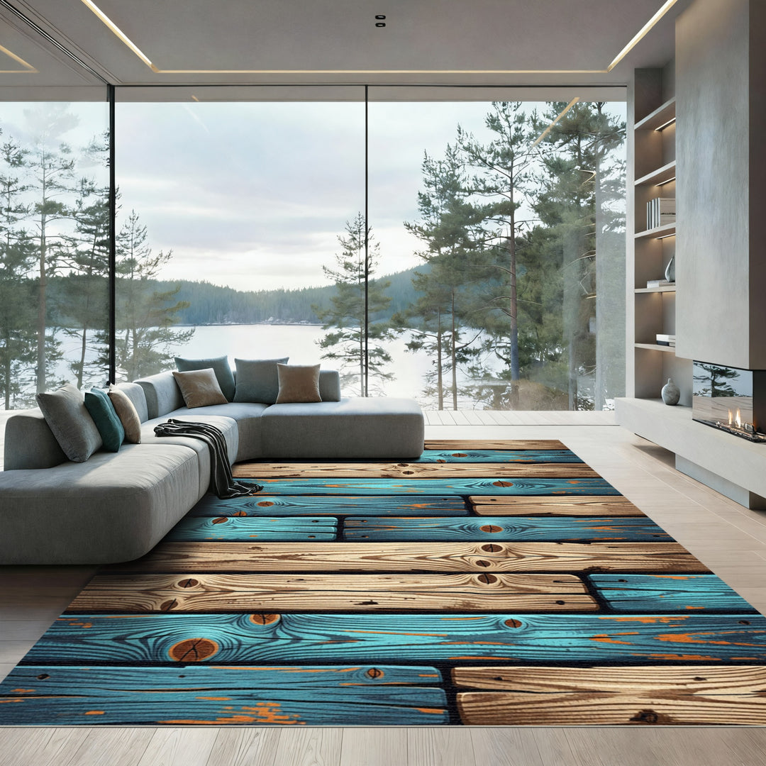 Aqua Blue Rustic Wood Plank Rug