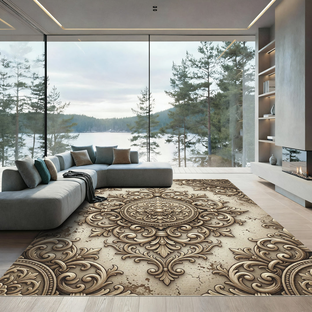 Ornate Gold Floral Decorative Rug