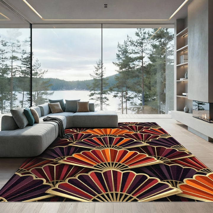 Art Deco Fan Red Orange Gold Rug
