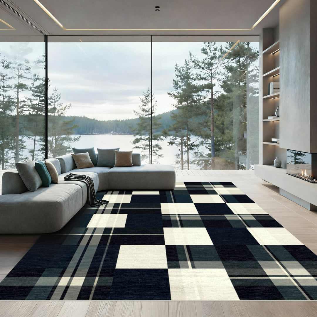 Dark Blue Cream Plaid Checkered Rug