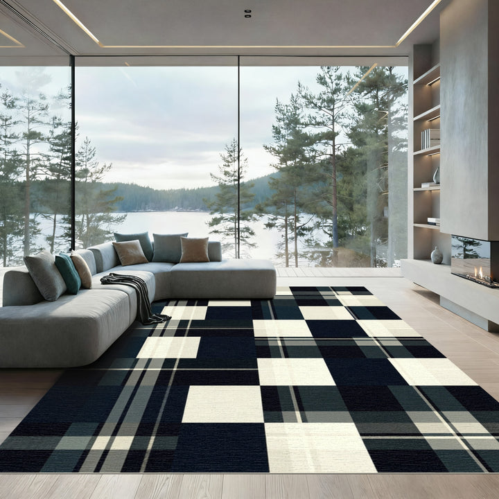 Dark Blue Cream Plaid Checkered Rug