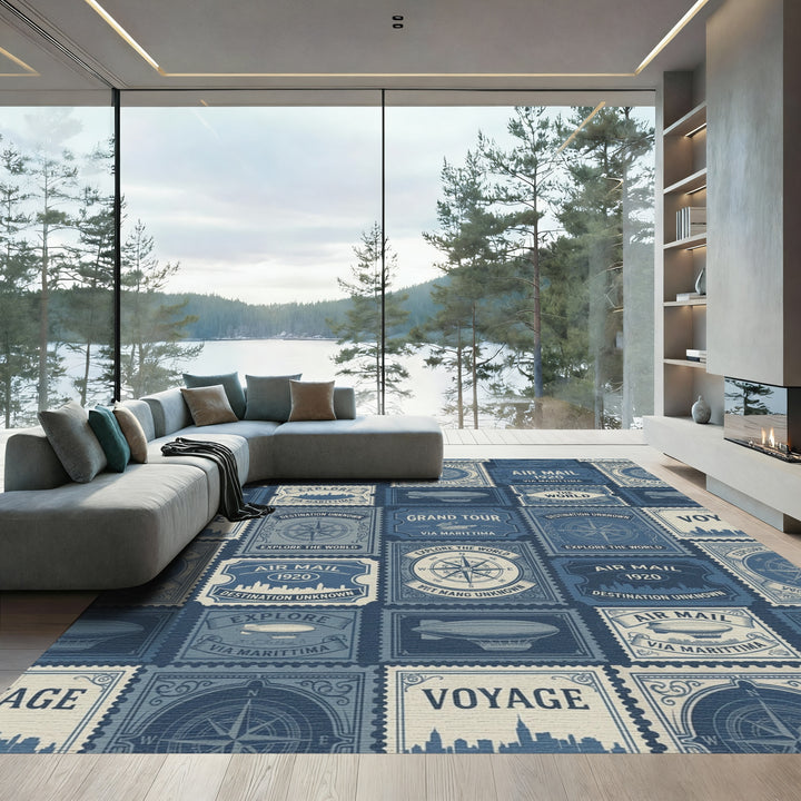 Vintage Air Mail Compass Stamps Rug