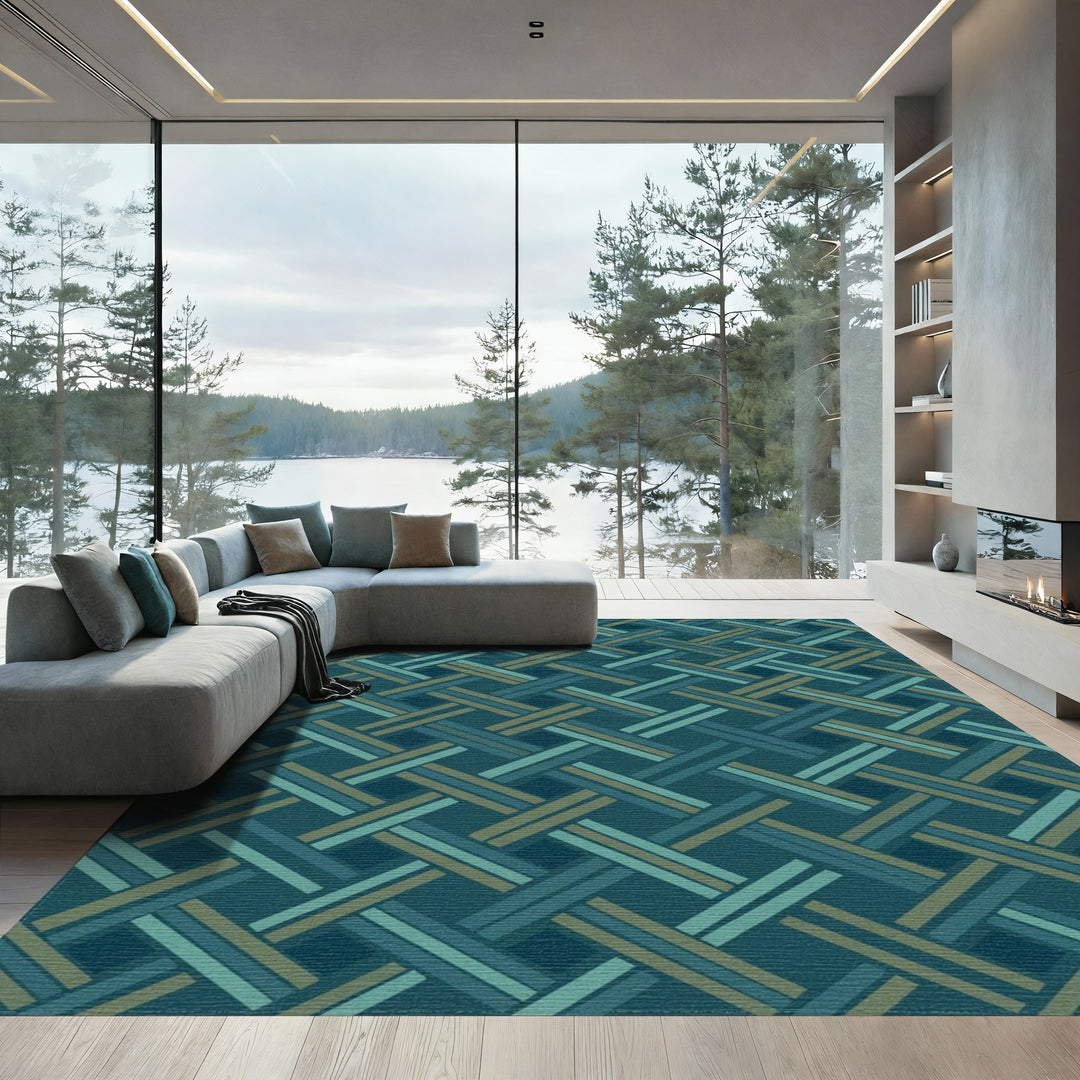 Teal Blue Woven Geometric Overlay Rug