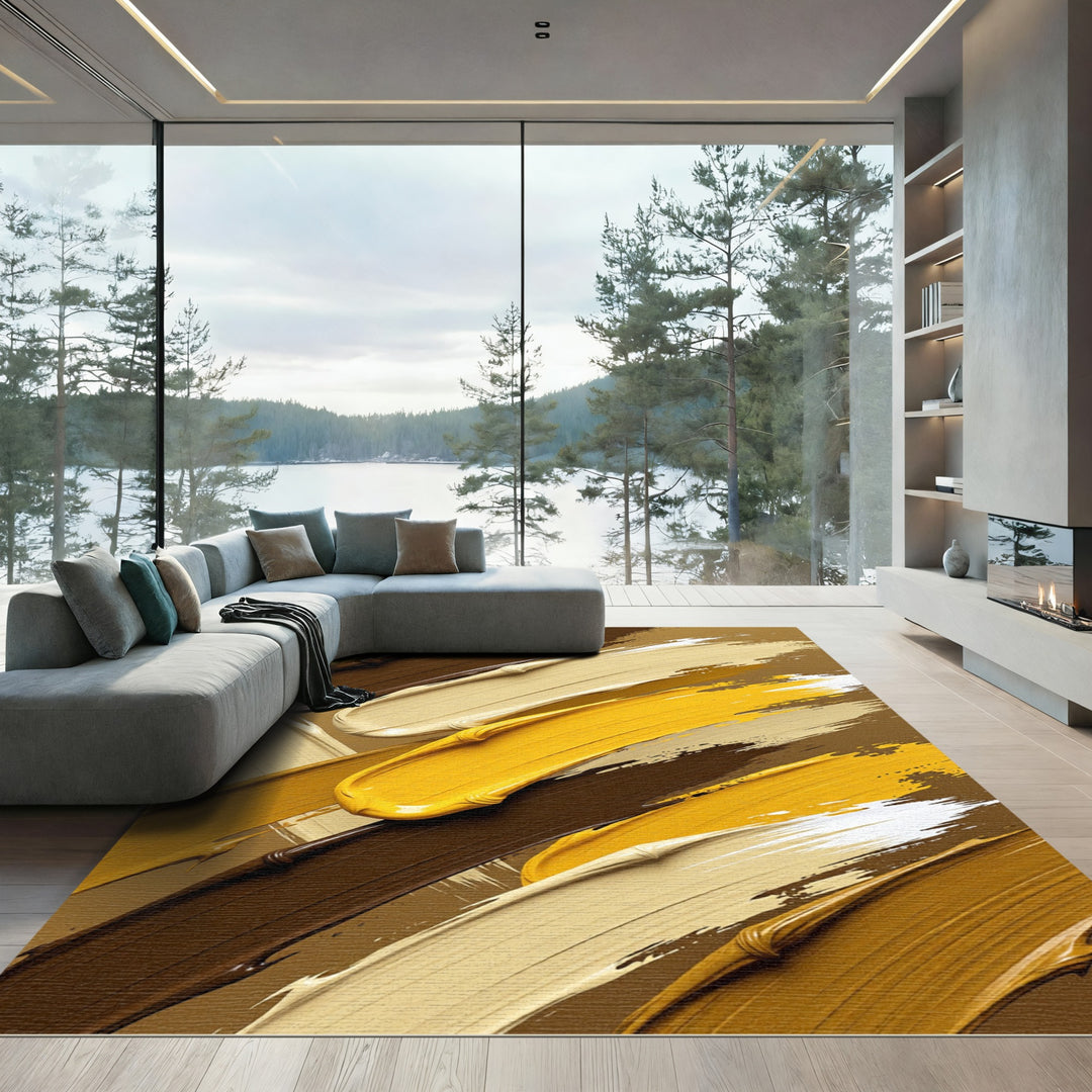 Abstract Yellow Brown Cream Brushstrokes Rug