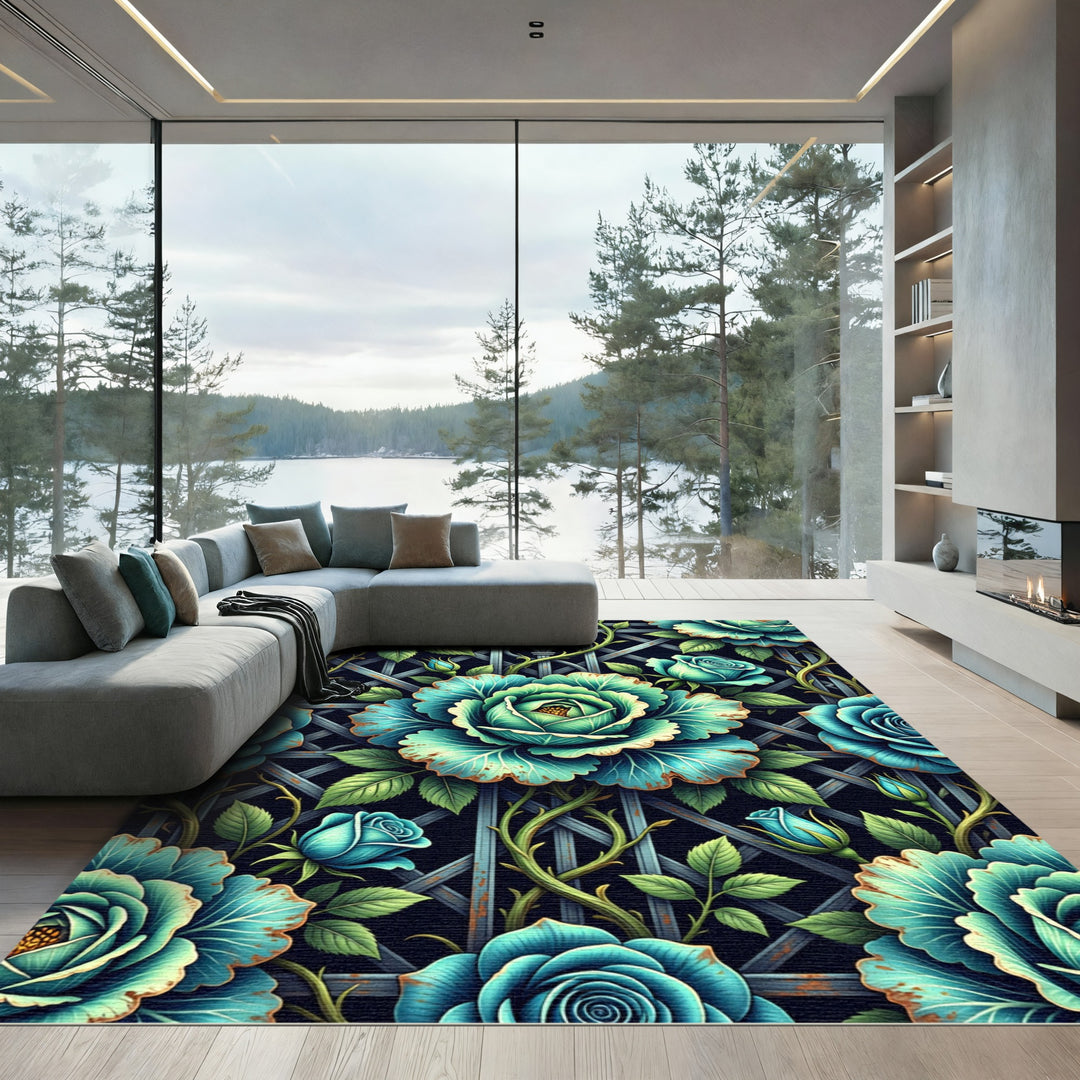 Teal Rose Trellis Garden Rug