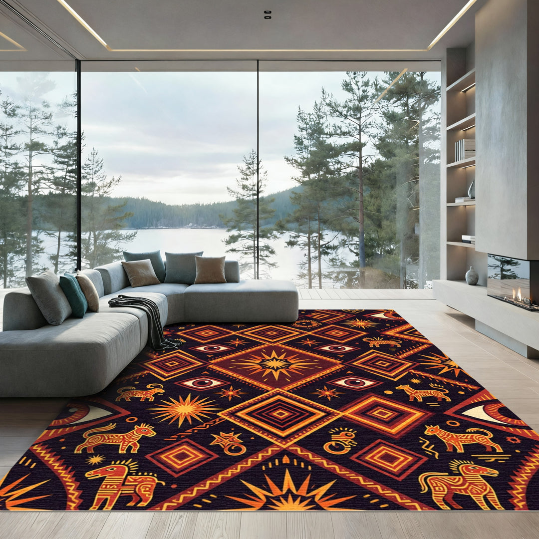 Tribal Sun Eye Horse Geometric Arrangement Rug