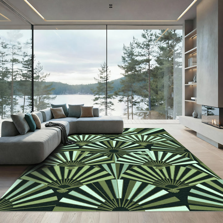Green Fan Sunburst Geometric Rug