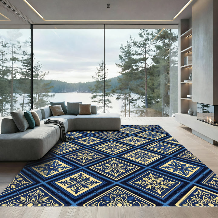 Regal Blue Yellow Damask Diamond Rug