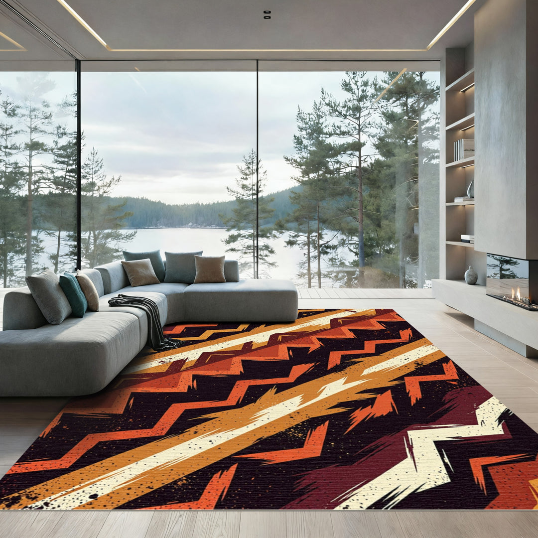 Bold Retro Zigzag Orange Cream Rug