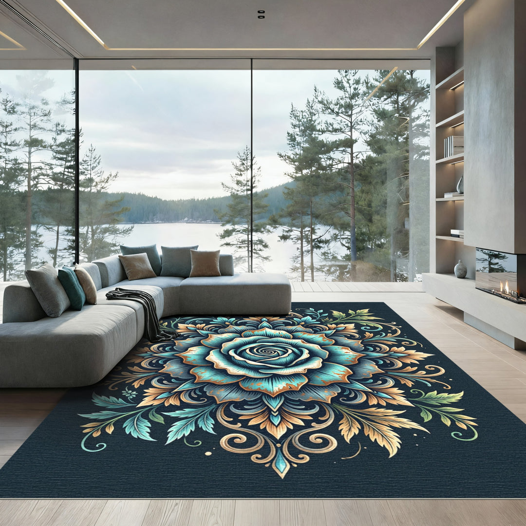 Teal Teal Rose Medallion Ornamental Rug