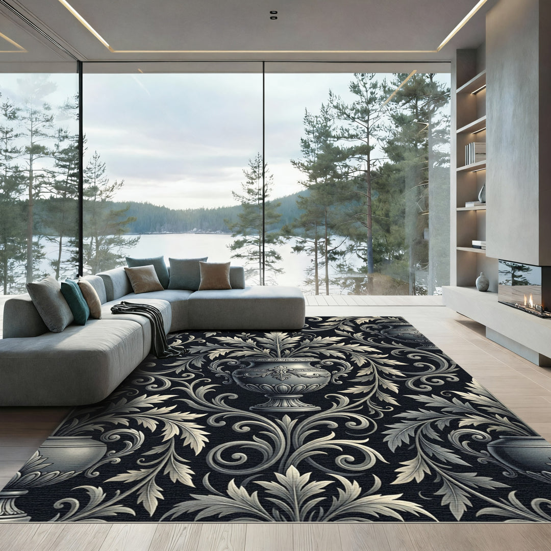 Elegant Black White Acanthus Scroll Rug