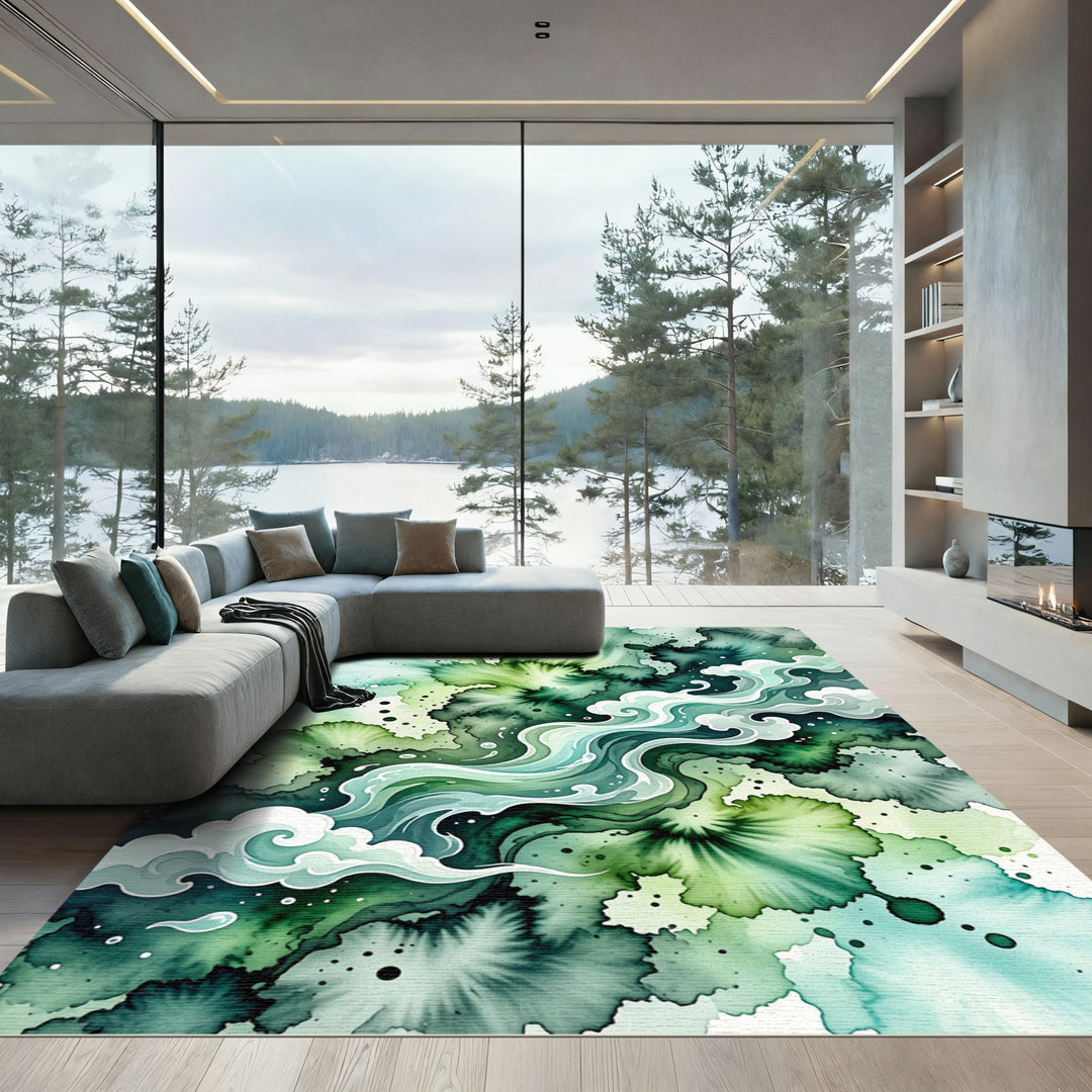 Abstract Green Watercolor Splash Flow Rug