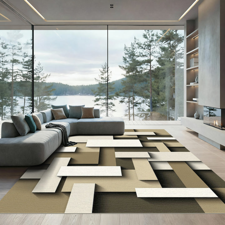 Geometric Brown and Cream Textured Layout Rug
