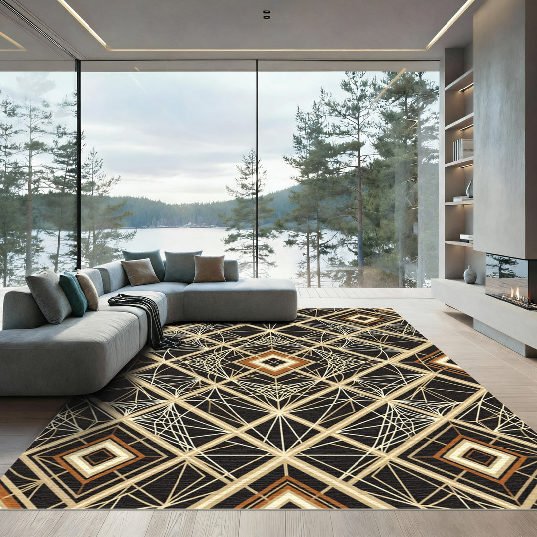 Art Deco Geometric Gold Noir Rug