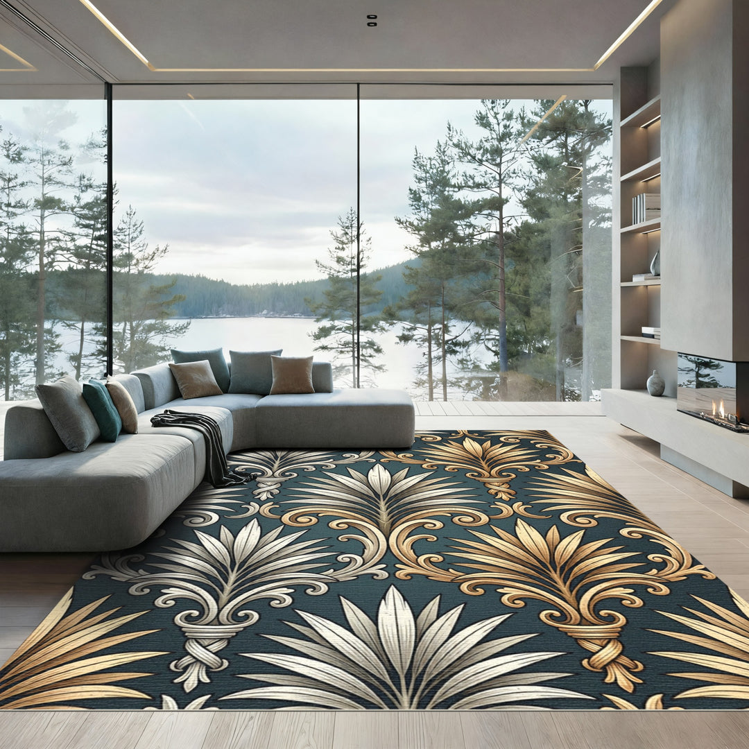 Elegant Gold and Silver Acanthus Rug