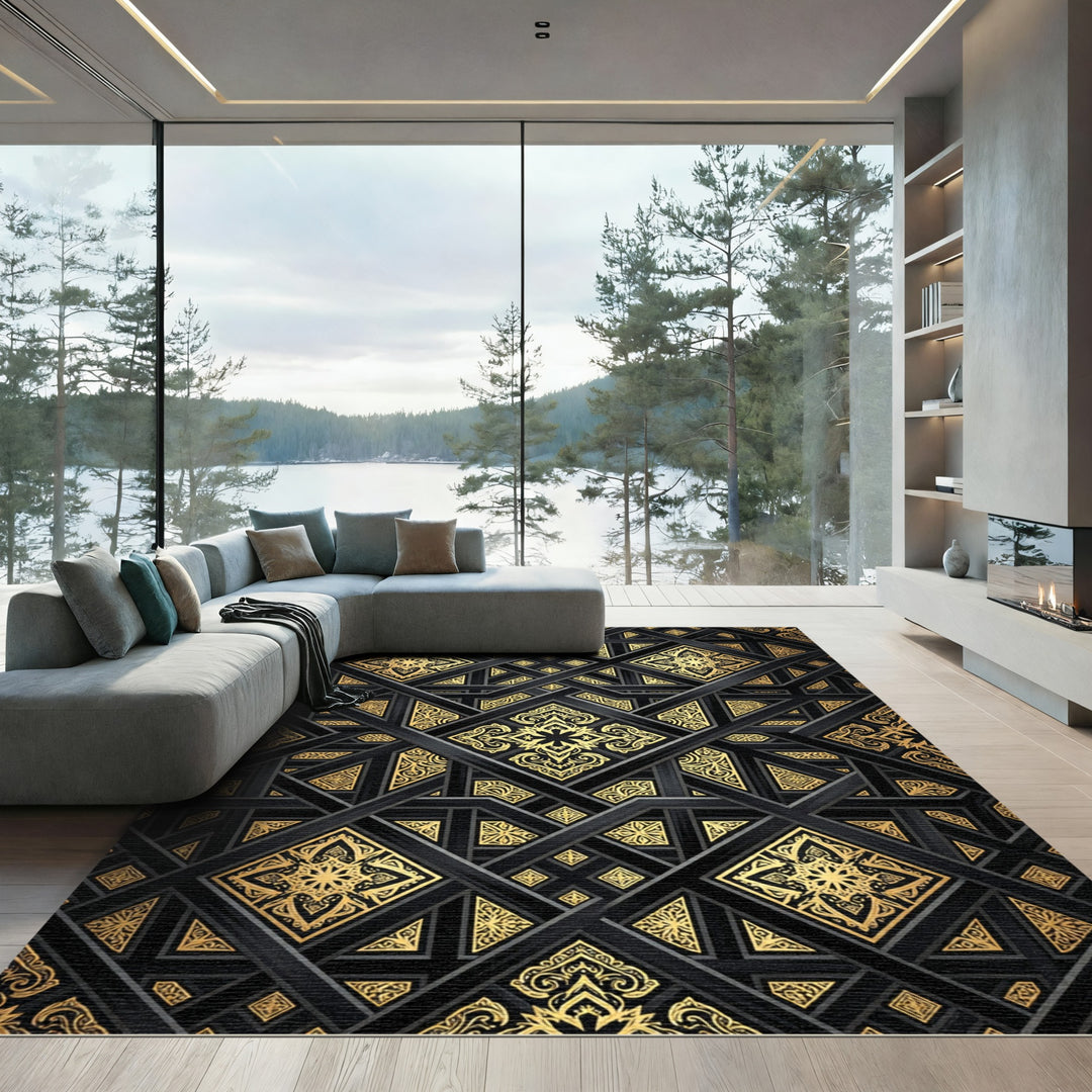 Black Gold Geometric Arabesque Relief Rug