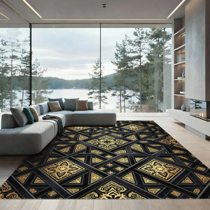 Black Gold Geometric Arabesque Relief Rug
