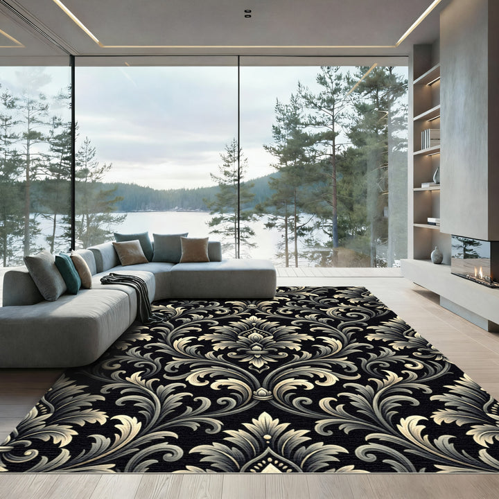 Ornate Black Cream Scrollwork Medallion Rug