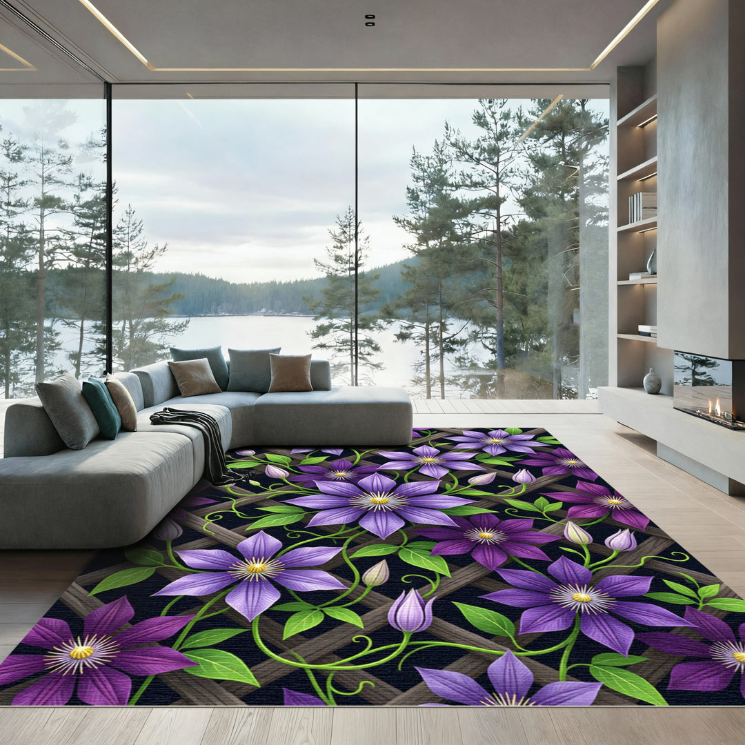 Purple Clematis Blooming Garden Lattice Rug