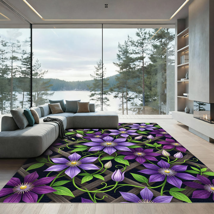 Purple Clematis Blooming Garden Lattice Rug