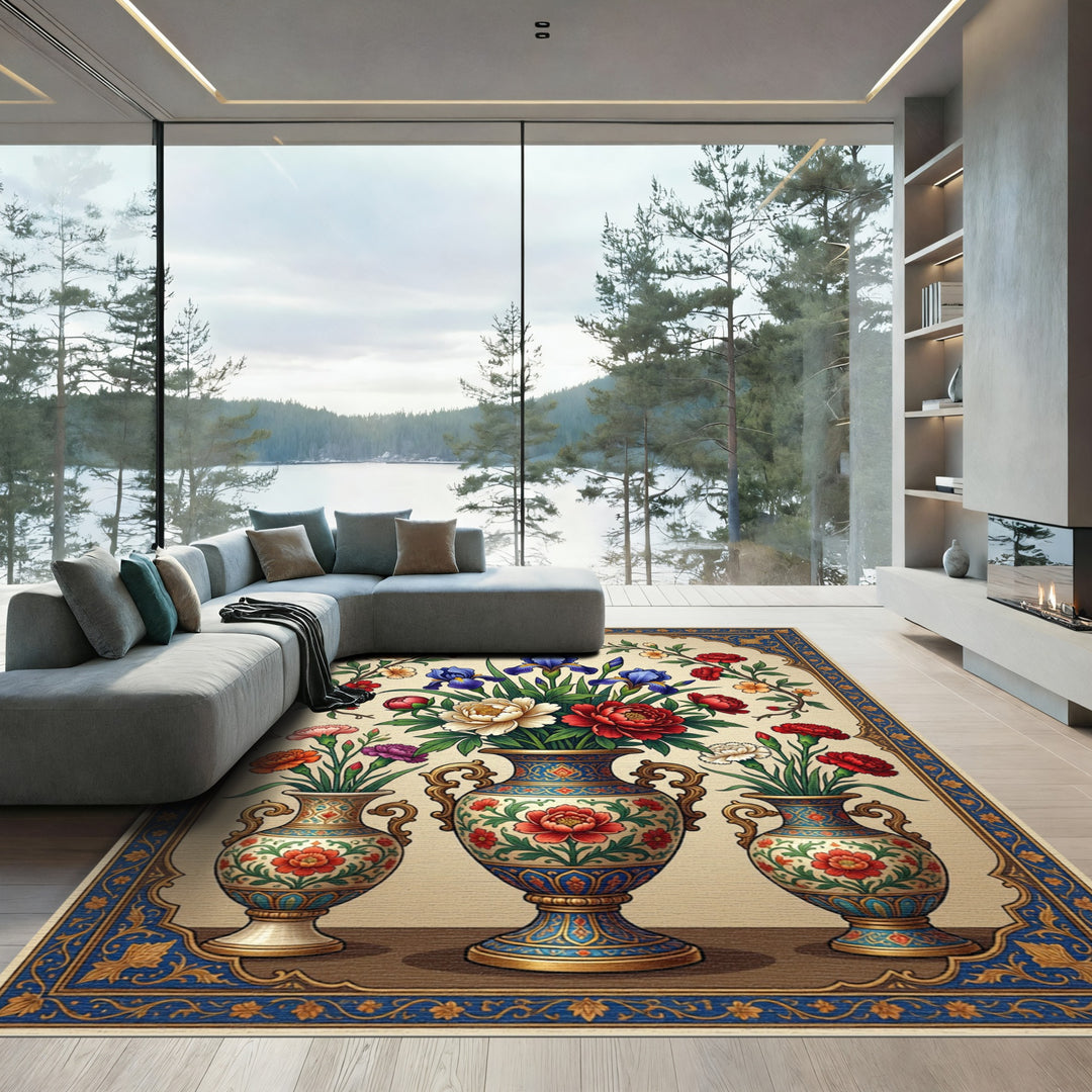 Ornate Blue Golden Floral Vase Composition Rug