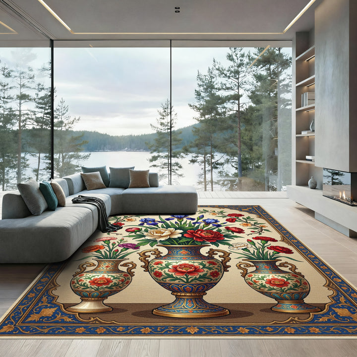 Ornate Blue Golden Floral Vase Composition Rug