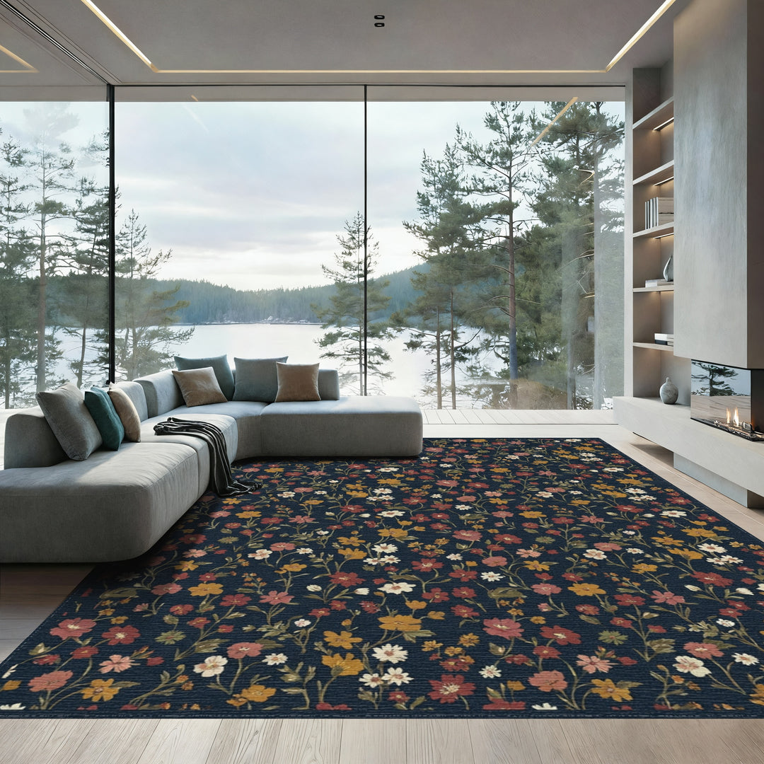 Vintage Deep Navy Floral Meadow Rug