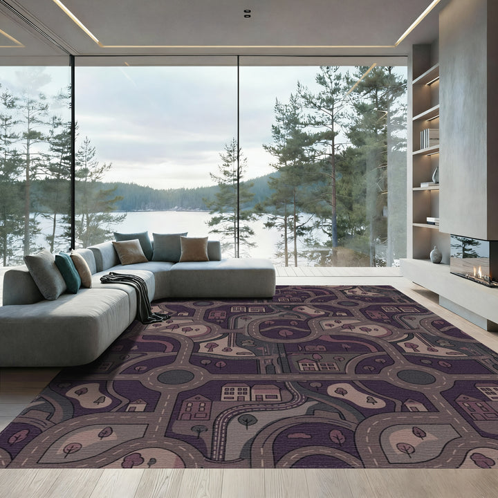 Curving Roads Town Houses Woodland Circles Rug