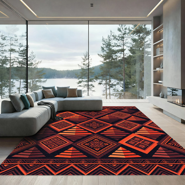 Crimson Orange Geometric Pyramid Diamonds Rug
