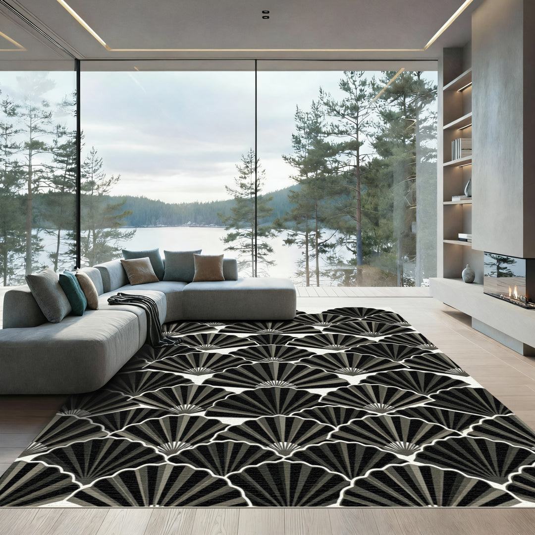 Elegant Black Fan Scalloped Rug