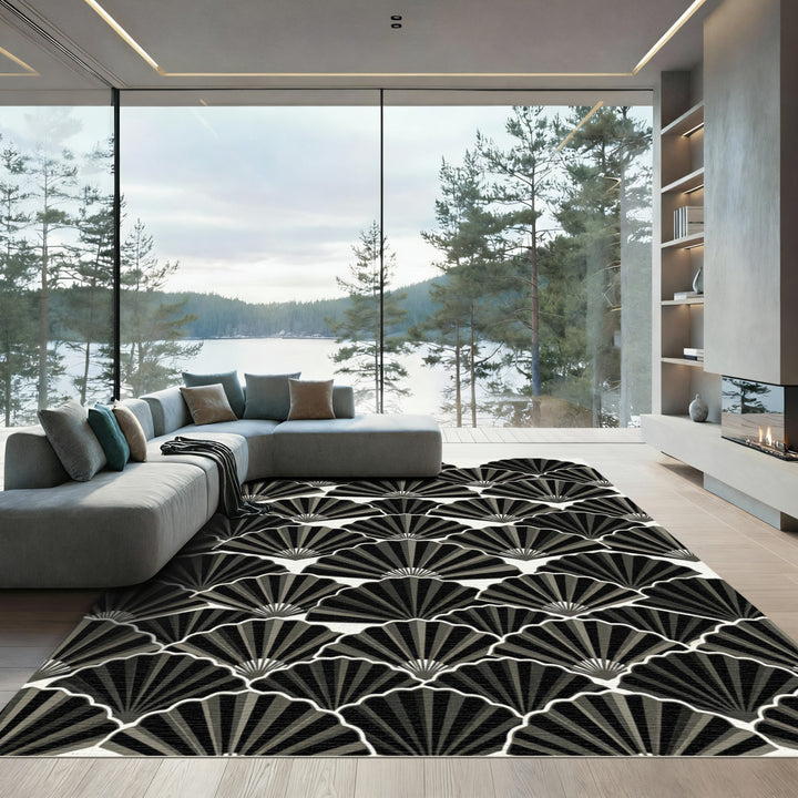 Elegant Black Fan Scalloped Rug