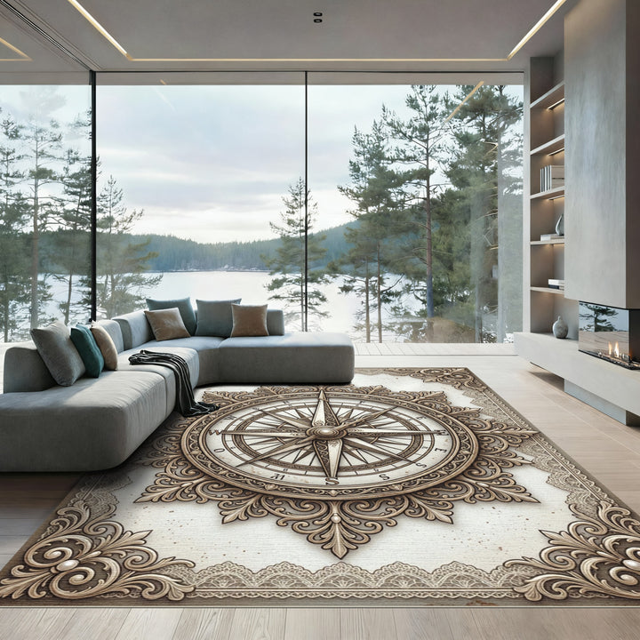 Ornate Vintage Compass Nautical Rug