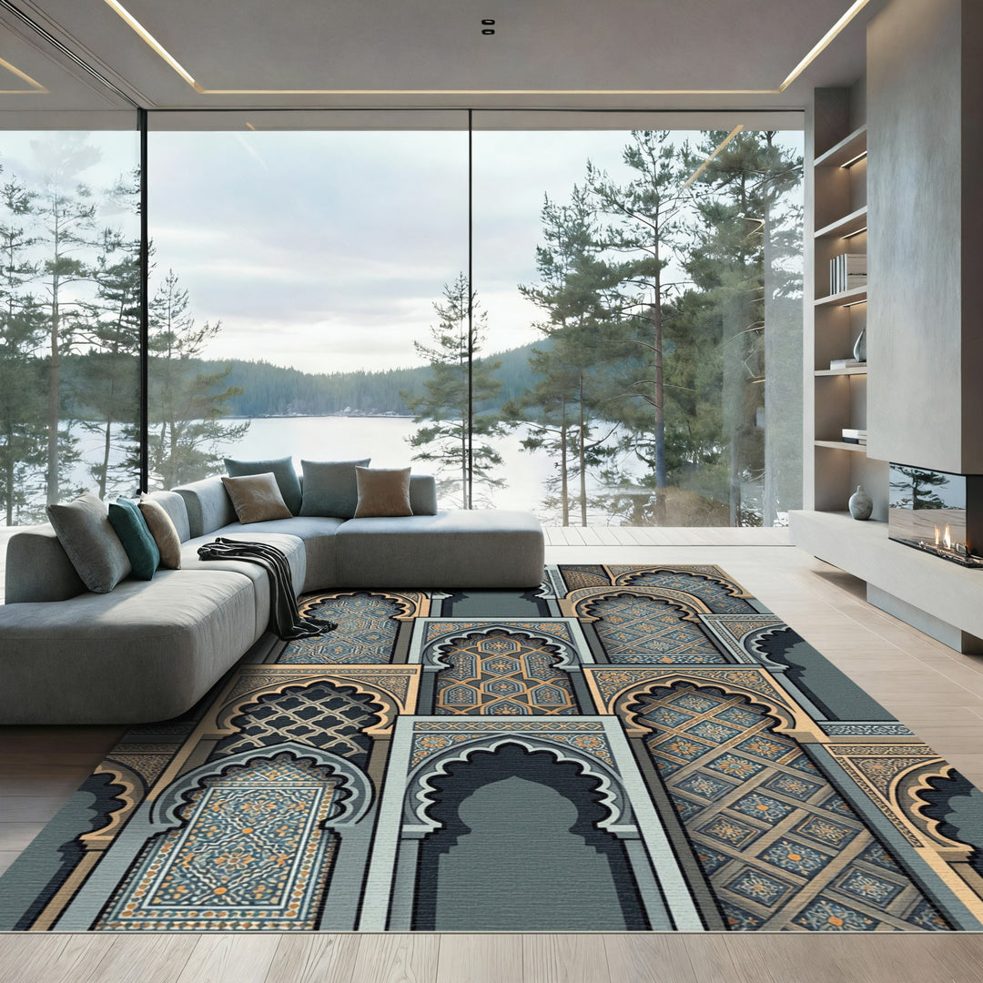Intricate Blue Gold Archway Rug